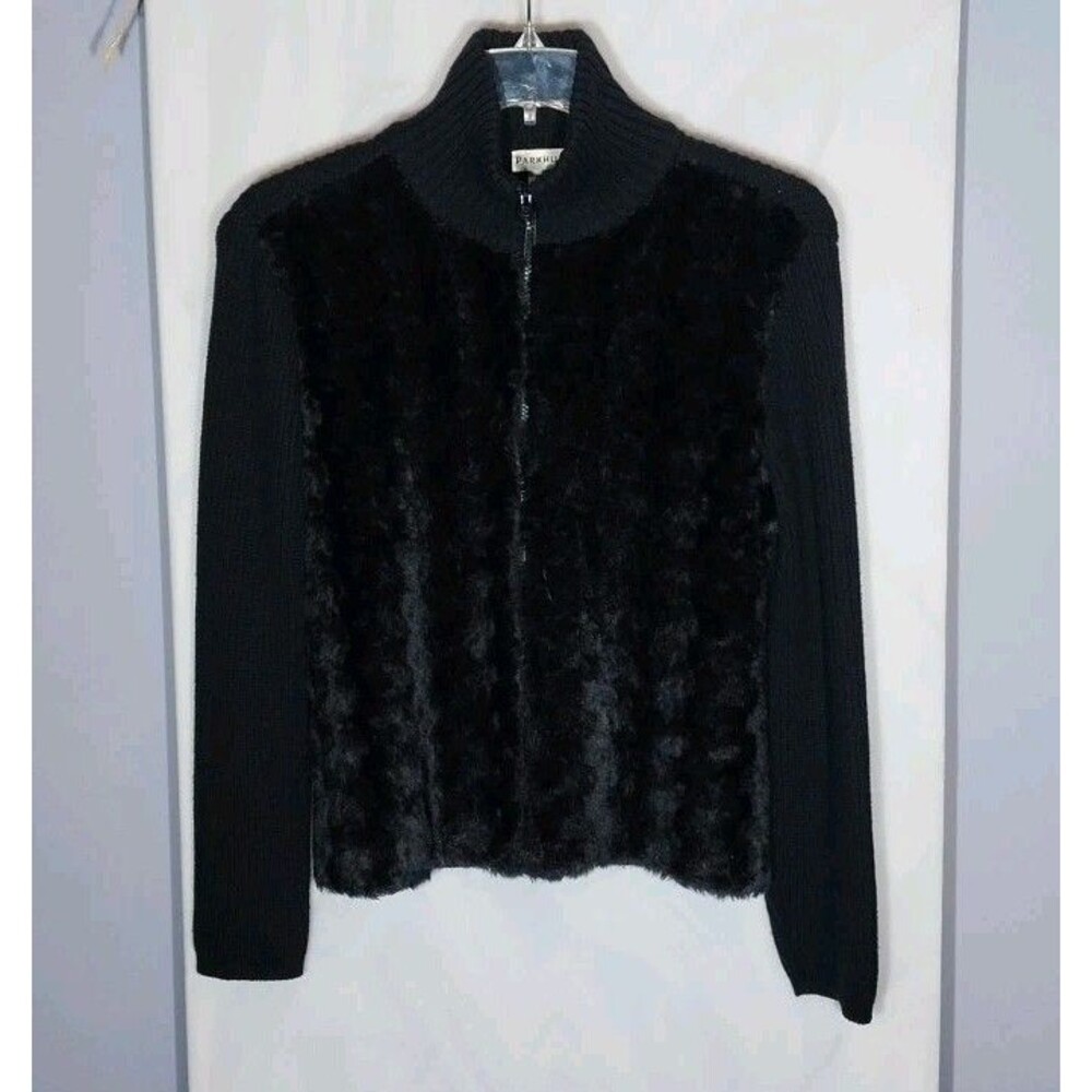 Parkhurst Faux Fur Zip Sweater Women's S Black Knit Cardigan Cozy Made in Canada